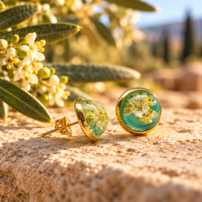 Pendientes de botón con flor de olivo - dorado
