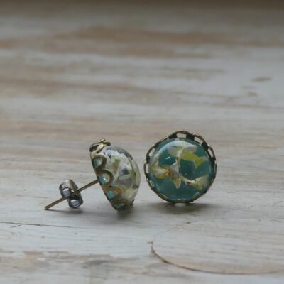 Pendientes de botón corona con flor de olivo - bronce viejo