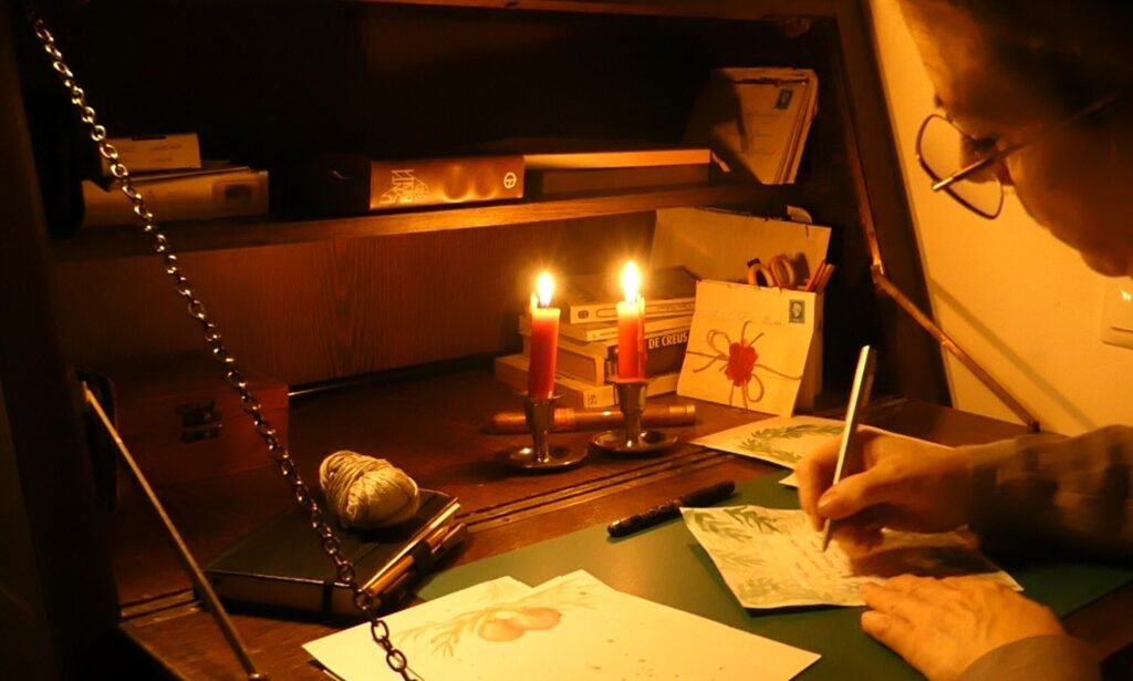 Warm candlelit desk with handwritten cards, books, and soft light, evoking reflection, presence, and the gentle joy of Christmas evening.