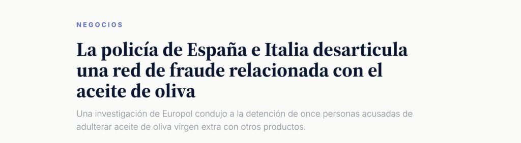 Fraud 2 - headline Europol – 11 olive oil counterfeiters arrested following Operation OPSON Titular sobre operación de Europol contra fraude en el aceite de oliva con detenciones en España e Italia