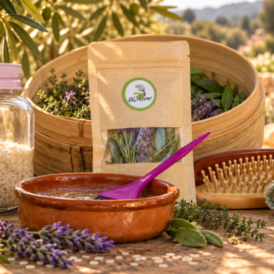Hierbas frescas para la mascarilla capilar de arroz y hierbas