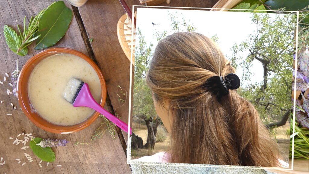 Mascarilla capilar casera de arroz y hierbas para brillo y anti-frizz, elaborada con ingredientes naturales como romero, lavanda y aceite de oliva, junto al resultado final en cabello largo suave y brillante.
