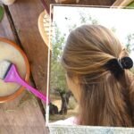 Mascarilla capilar casera de arroz y hierbas para brillo y anti-frizz, elaborada con ingredientes naturales como romero, lavanda y aceite de oliva, junto al resultado final en cabello largo suave y brillante.